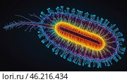 one bacteriao of Mycoplasma pheumoniama. Microscopic View Reveals Vibrant Details of a Bacterium in Captivating Color at the Cellular Scale. Стоковое AI-изображение, AI-художник Оксана Медведева / Фотобанк Лори