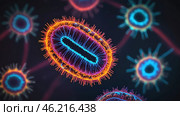 one bacteriao of Mycoplasma pheumoniama. Microscopic View Reveals Vibrant Details of a Bacterium in Captivating Color at the Cellular Scale. Стоковое AI-изображение, AI-художник Оксана Медведева / Фотобанк Лори