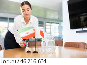 Female office coordinator placing flags of Iran and Japan on table before negotiations. Стоковое фото, фотограф Яков Филимонов / Фотобанк Лори