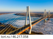 Aerial view of cable-stayed Murom bridge over Oka river, Russia. Стоковое фото, фотограф Яков Филимонов / Фотобанк Лори