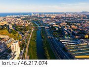 Aerial view of Barcelona and Sant Adria de Besos, Catalonia, Spain. Стоковое фото, фотограф Яков Филимонов / Фотобанк Лори