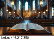A minister leads a worship service in Grand Christian Church with a focus on community and faith, highlighting a central open Bible. Стоковое AI-изображение, AI-художник Sergey Grishin / Фотобанк Лори