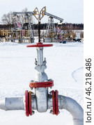 Республика Татарстан. Нефтяные станки-качалки и вентиль кустовой насосной станции. Стоковое фото, фотограф Егор Алеев / ТАСС / Фотобанк Лори