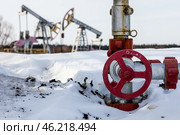 Республика Татарстан. Нефтяные станки-качалки и вентиль кустовой насосной станции. Стоковое фото, фотограф Егор Алеев / ТАСС / Фотобанк Лори
