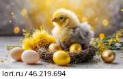 The concept of a bright Easter holiday. Delicate Easter eggs, yellow chickens, chicken and daffodil flowers on a pastel watercolor background with delicate veins. Стоковое AI-изображение, AI-художник Photojuli / Фотобанк Лори