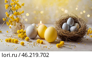 The concept of a bright Easter holiday. Delicate Easter eggs, yellow chickens, chicken and daffodil flowers on a pastel watercolor background with delicate veins. Стоковое AI-изображение, AI-художник Photojuli / Фотобанк Лори