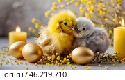 The concept of a bright Easter holiday. Delicate Easter eggs, yellow chickens, chicken and daffodil flowers on a pastel watercolor background with delicate veins. Стоковое AI-изображение, AI-художник Photojuli / Фотобанк Лори