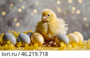 The concept of a bright Easter holiday. Delicate Easter eggs, yellow chickens, chicken and daffodil flowers on a pastel watercolor background with delicate veins. Стоковое AI-изображение, AI-художник Photojuli / Фотобанк Лори