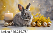 The concept of a bright Easter holiday. Delicate Easter eggs, a gray rabbit and daffodil flowers on a pastel watercolor background with delicate veins. Стоковое AI-изображение, AI-художник Photojuli / Фотобанк Лори