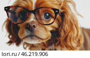 Cavalier king charles spaniel puppy wearing eyeglasses on white background. Стоковое AI-видео, аниматор Юрий Поздников / Фотобанк Лори