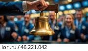 Stock market opening bell is rung by a trader in a bustling financial exchange during business hours. Стоковое AI-изображение, AI-художник Сергей Толмачёв / Фотобанк Лори