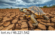 Radiated tortoise walking on dry cracked earth in madagascar. Стоковое AI-изображение, AI-художник Юрий Поздников / Фотобанк Лори
