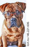 Shar pei dog wearing round eyeglasses posing on white background. Стоковое AI-изображение, AI-художник Юрий Поздников / Фотобанк Лори
