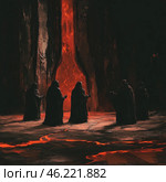 A dark and mystical scene. The focus is on five mysterious figures in black hooded cloaks, standing in a circle in front of a stream of hot lava erupting from a crack in a rock wall. Their poses indicate a ritual or dark ceremony. The atmosphere is filled with anxiety, a sense of ancient forces and sinister magic. The color palette consists of deep blacks and red-orange shades, creating a contrast between the darkness and the fiery energy of the lava. Стоковое AI-изображение, AI-художник Анна Кривицкая / Фотобанк Лори