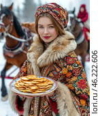 A beautiful girl in national dress treats with pancakes on Maslenitsa. Maslenitsa week. Стоковое AI-изображение, AI-художник Сергей Елизарьев / Фотобанк Лори
