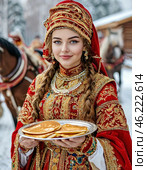 A beautiful girl in national dress treats with pancakes on Maslenitsa. Maslenitsa week. Стоковое AI-изображение, AI-художник Сергей Елизарьев / Фотобанк Лори