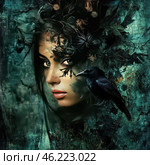 An artistic illustration depicting a woman with dark hair surrounded by green leaves and flowers that partially merge with her face. The composition also features a black crow sitting next to her. The entire background is done in dark, gloomy tones with elements of nature that create an atmosphere of mysticism and magic. The image looks like a combination of fantasy and mystical styles, where the woman and nature intertwine, creating a mysterious and enigmatic image. Стоковое AI-изображение, AI-художник Анна Кривицкая / Фотобанк Лори