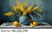 The image was created using artificial intelligence. A bouquet of mimosa in a turquoise vase on a turquoise background. The concept of home comfort. The concept of spring at home and International Women's Day. March 8th. Стоковое AI-изображение, AI-художник Photojuli / Фотобанк Лори