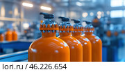 Orange gas tanks. Bundle of gas cylinder and high pressure gauges, meter, valve. Many argon cylinders with compressed oxygen for industry, welding. Fuel manufacturing. Liquefied gas production factory. Стоковое AI-изображение, AI-художник Марина Демидюк / Фотобанк Лори