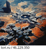 A futuristic megastructure located in the middle of a desert landscape. The city's architecture combines massive geometric buildings with futuristic designs, connected by platforms, bridges and roads. In the center is a huge hexagonal or octagonal complex, possibly acting as a main hub or administrative center. The city appears autonomous and isolated, like an alien or post-apocalyptic colony. Tall black towers on the horizon add to the mystery of the scene. Стоковое AI-изображение, AI-художник Анна Кривицкая / Фотобанк Лори
