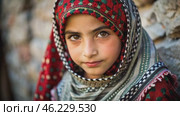 Mesmerizing look of young Palestinian girl dressed in traditional dress in ruined city in Middle East. Gaza Strip. Стоковое AI-видео, аниматор Оксана Медведева / Фотобанк Лори