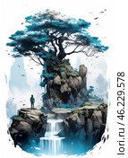 A fantastic scene with a huge tree with bluish-green leaves growing on top of a cliff. The tree's roots seem to merge with the cliff, and around it, waterfalls are visible flowing down. In the distance, foggy mountain peaks are visible, and the sky is filled with soaring birds. Below, on a ledge of a cliff, a man in dark clothes stands looking at the majestic tree, which gives the scene a sense of mystery and epicness. The painting is made in a fantasy style, with elements of oriental painting and cyberpunk aesthetics. Стоковое AI-изображение, AI-художник Анна Кривицкая / Фотобанк Лори