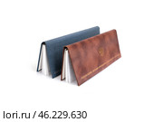Two leather cover diaries isolated on white background. Inscription in Russian "Directorate of the President of the Russian Federation" Стоковое фото, фотограф Елена  Попкова / Фотобанк Лори