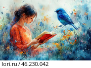 A young girl with dark hair pulled back into a messy bun. She sits among flowers and tall grass, engrossed in reading a book with a red cover. Next to her, as if enchanted by her reading, sits a beautiful blue bird, hovering in the air or perched on a branch. The atmosphere of the painting is permeated with a sense of coziness, magic and tranquility. The background is done in watercolor shades of blue and green, which creates a sense of dreaminess and lightness. Стоковое AI-изображение, AI-художник Анна Кривицкая / Фотобанк Лори