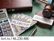 Composition with words ALIMONY and DIVORCE, money and calculator on color background. Стоковое фото, фотограф Pixel_shot / Фотобанк Лори