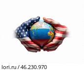 Hands in colors of US flags holding globe. Concept of hegemony and domination. Стоковое AI-изображение, AI-художник Евгений Ткачёв / Фотобанк Лори