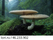 Mushrooms in the foggy forest on a stump. Стоковое AI-изображение, AI-художник Евгений Харитонов / Фотобанк Лори