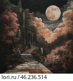 A mysterious and atmospheric scene with a gothic setting. In the center of the composition are majestic stone steps leading to an ancient architectural structure resembling a temple or portal. The structure is decorated with carvings and surrounded by gloomy rocks. There is a mystical atmosphere in the air, emphasized by a giant full moon, illuminating the picture with a soft light.There is a contrast in the landscape - dark mountains and clouds are combined with delicate flowering trees, which give the composition a magical note. Fog and clouds create the illusion of unreality, as if this place exists on the border between worlds. Stars are visible in the sky, emphasizing the night depth of the scene. Стоковое AI-изображение, AI-художник Анна Кривицкая / Фотобанк Лори
