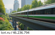 Train is traveling over a bridge with trees in the background. Стоковое AI-видео, аниматор Sergey Grishin / Фотобанк Лори
