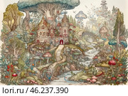 A fairytale forest scene with a magical castle surrounded by fantastic mushrooms, winding trees and a babbling brook. The entire composition is made in the style of an illustration to an old fairy tale, filled with details and whimsical elements of nature. The castle, standing on a hill, is decorated with patterns, turrets and stained glass windows, creating the impression of a place filled with magic. The forest around is densely planted with trees covered in moss, and mushrooms of different sizes and shapes give the picture an even more mystical look. In the distance, you can see a stone bridge thrown over a stream leading to mysterious hills. The atmosphere of the picture is mesmerizing with its soft color scheme, as well as many small details that create a feeling of coziness and mystery. Стоковое AI-изображение, AI-художник Анна Кривицкая / Фотобанк Лори