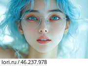 A girl with sky-blue hair and expressive turquoise eyes. She wears thin round glasses with silver frames, which give her a stylish and intelligent look. Her skin is porcelain white, with a slight blush on her cheeks, and her lips are a natural pinkish hue. The background is soft, light and blurred, creating a feeling of lightness and airiness. The hair is slightly tousled, creating the effect of a light wind or movement. The overall atmosphere of the image is tenderness, purity and mystery. Стоковое AI-изображение, AI-художник Анна Кривицкая / Фотобанк Лори