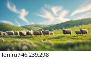 Flock of sheep grazing peacefully in a lush green pasture under a clear blue sky. Стоковое AI-изображение, AI-художник Сергей Толмачёв / Фотобанк Лори