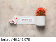 Toilet paper with cactus on light background. Hemorrhoids concept. Стоковое фото, фотограф Pixel_shot / Фотобанк Лори