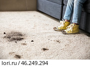 Little girl in muddy shoes messing up carpet at home. Стоковое фото, фотограф Pixel_shot / Фотобанк Лори
