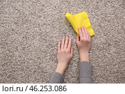 Female hands with rag on carpet. Стоковое фото, фотограф Pixel_shot / Фотобанк Лори