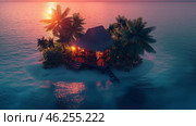 Romantic beachfront cottage illuminated at night surrounded by calm waters and palm trees in a tropical paradise. Стоковое AI-изображение, AI-художник Михаил Коханчиков / Фотобанк Лори