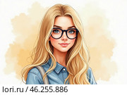 Portrait of a beautiful student with glasses and long hair. The concept of education, college, and school life. Стоковое AI-изображение, AI-художник ketpro.design / Фотобанк Лори