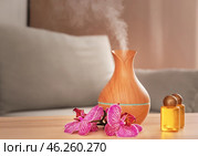 Aroma oil diffuser with bottles on table in room. Стоковое фото, фотограф Pixel_shot / Фотобанк Лори