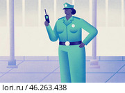 Female african security guard in uniform holding radio at urban setting. Стоковое AI-изображение, AI-художник Zakharova Natasha / Фотобанк Лори