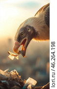 Griffon vulture eating plastic waste at sunset in landfill. Стоковое AI-изображение, AI-художник Юрий Поздников / Фотобанк Лори