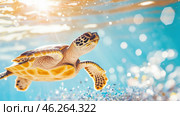 Sea turtle swimming in ocean towards sunlight with blurred microplastics below. Стоковое AI-изображение, AI-художник Юрий Поздников / Фотобанк Лори