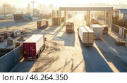 Trucks carrying building materials entering construction site at sunrise. Стоковое AI-изображение, AI-художник Юрий Поздников / Фотобанк Лори