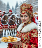 A beautiful girl in national dress treats with pancakes on Maslenitsa. Maslenitsa week. Стоковое AI-изображение, AI-художник Сергей Елизарьев / Фотобанк Лори
