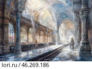 An old railway station, painted in watercolor. A spacious room with high vaults, decorated with magnificent columns and stained glass windows, through which the light breaks through. The sun's rays create a beautiful play of light and shadow, filling the room with soft warmth. In the foreground are rails, and in the background you can see the silhouette of a person in old clothes. The station looks majestic and old, with elements of luxury and architectural wealth. Стоковое AI-изображение, AI-художник Анна Кривицкая / Фотобанк Лори