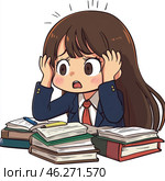 Anime girl with long brown hair sitting at a table covered with textbooks and notebooks. She looks worried and overwhelmed, holding her head and her eyes wide open, expressing stress and confusion. The girl is dressed in a school uniform consisting of a blue jacket, a white shirt and a red tie. Books, notes, pens and pencils are spread out around her, creating an atmosphere of the educational process and preparation for exams. The style of the image is made in chibi anime, typical of Japanese animation, with large eyes and exaggerated emotionality. Стоковое AI-изображение, AI-художник Анна Кривицкая / Фотобанк Лори