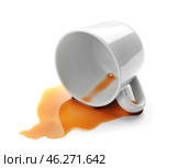 Overturned cup and spilled coffee on white background. Стоковое фото, фотограф Pixel_shot / Фотобанк Лори